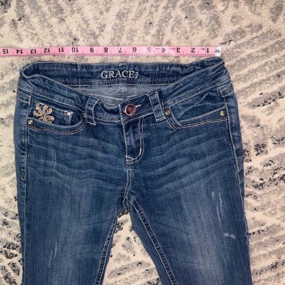 GRACE Size 28 Dark Blue Bootcut Jeans Low Rise Embellished Pockets Medium Blue - Picture 6 of 13